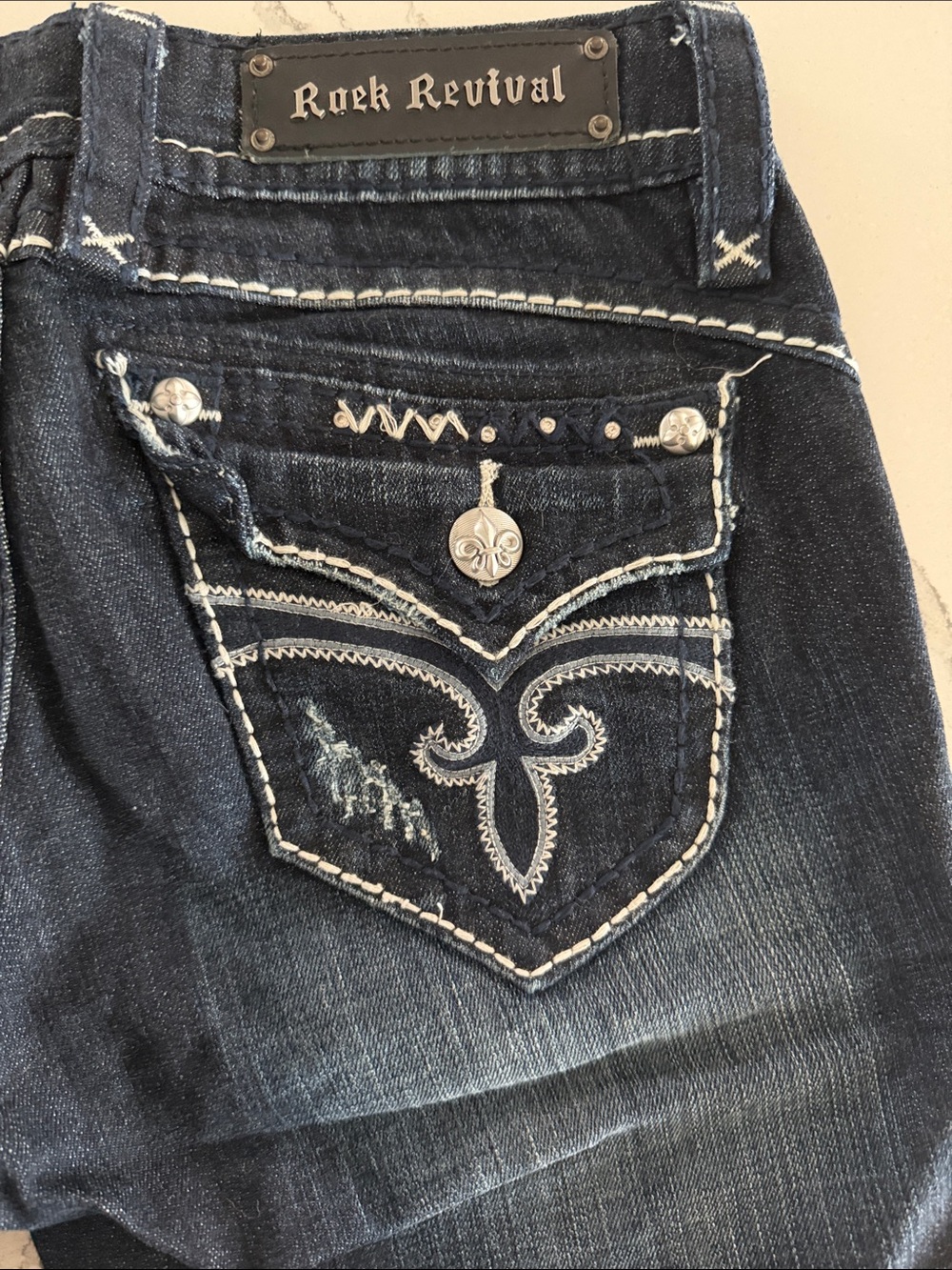 Rock Revival Dark Blue Embroidered Pocket Cropped Jeans